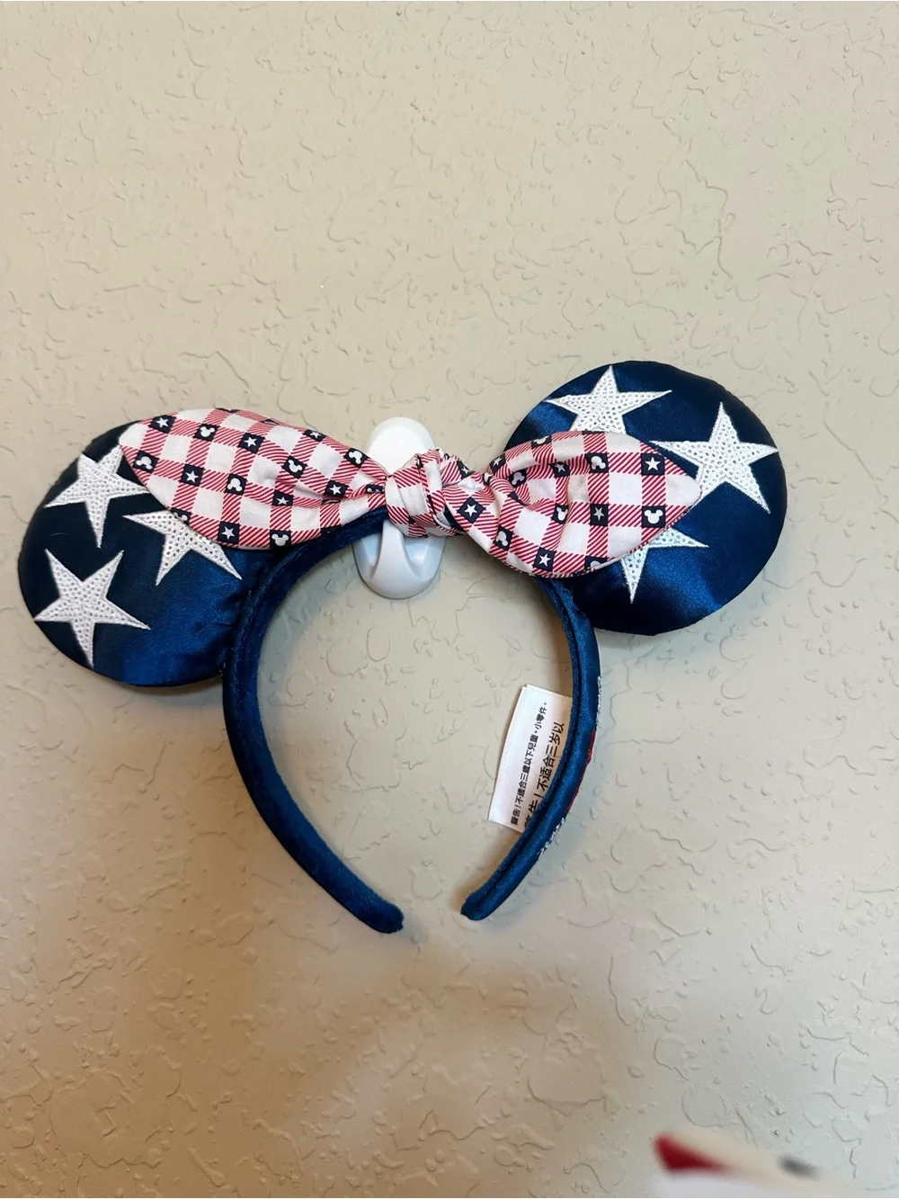 Patriotic Star Minnie Ears Headband with Red Gingham Bow
